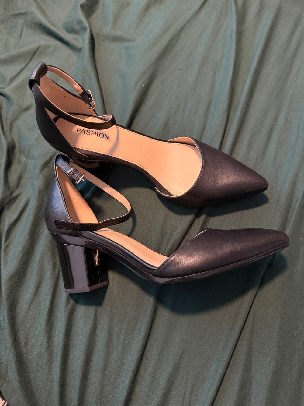 Pashion Footwear Black Pointed Block Heel Ankle-Strap Pumps